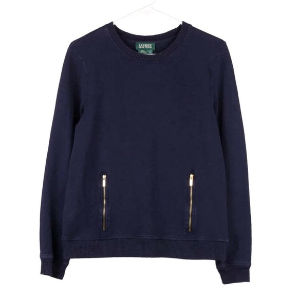 Ralph Lauren Tops - Ralph Lauren Petite navy blue pullover sweatshirt zipper pockets petite large